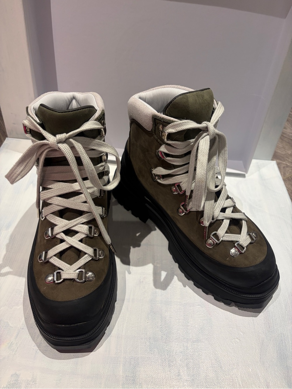Canada Goose Olive Green and Black Lace-Up Hiking Boots with Cream Laces